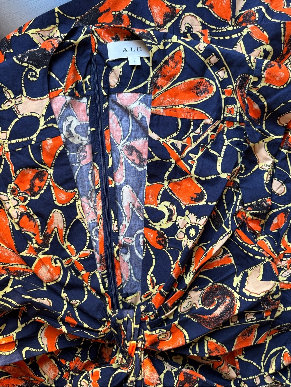 A.L.C. Printed Cotton Dress Size 2 Navy Orange Boho Tie Front Mini - Picture 9 of 11